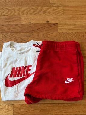 Nike White Tee with Red Logo and Red Shorts